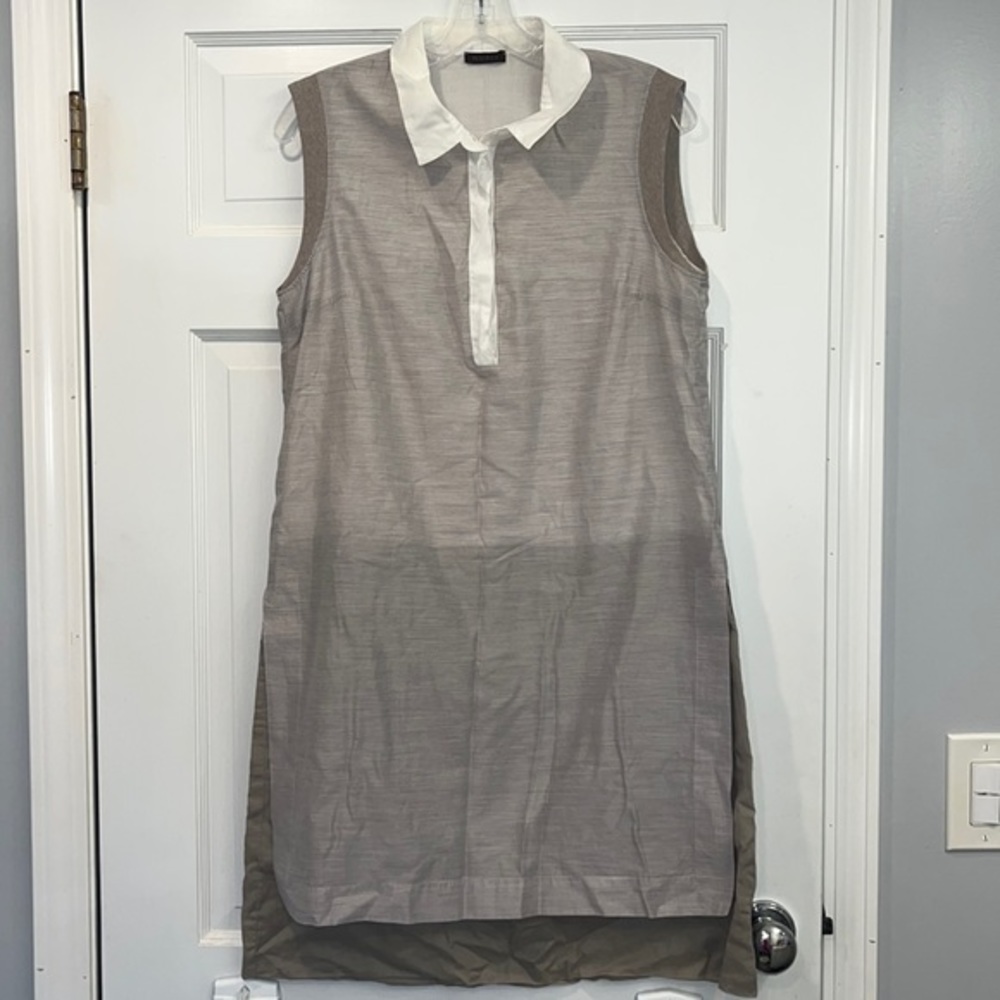 Peserico Sleeveless Sheath Dress in Taupe with White Collar